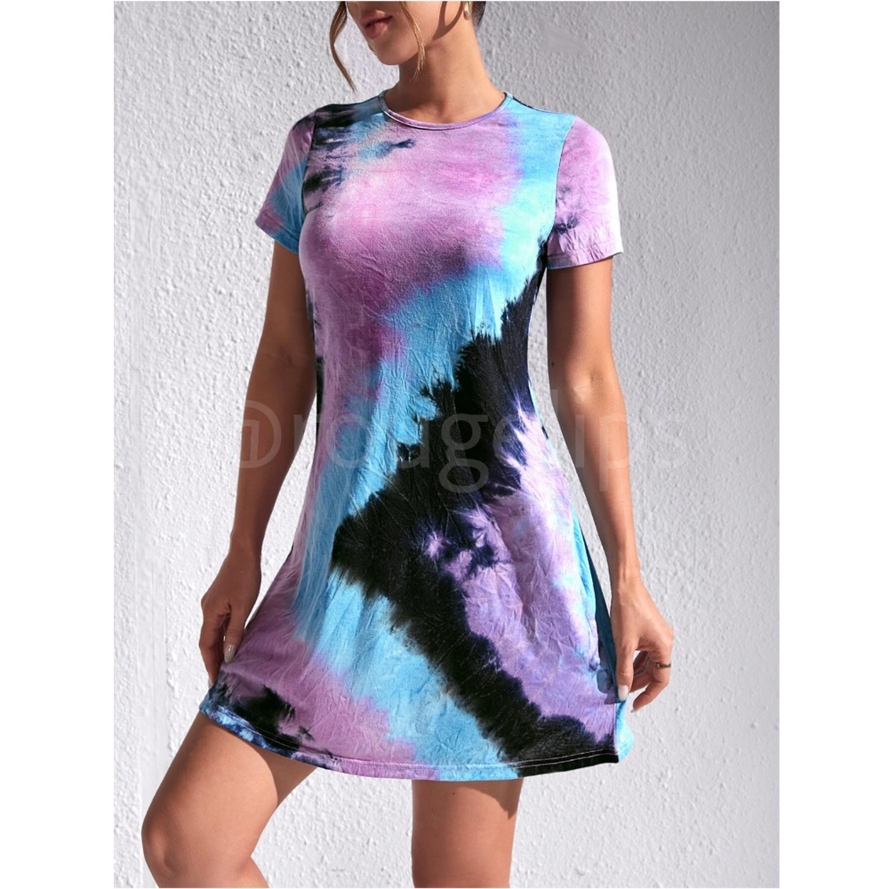 Tie Dye Print Mini Tee Shirt Dress Short Sleeve Lavender Blue A-Line - Picture 4 of 6